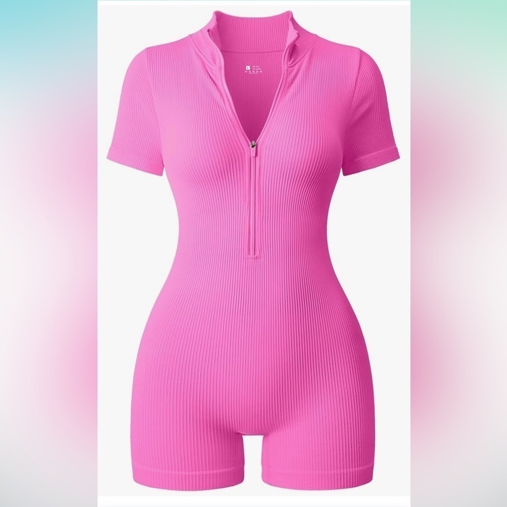 NWT TOB Yoga Rompers Ribbed Short Sleeve Zip Basic Tummy Control Exercise Romper